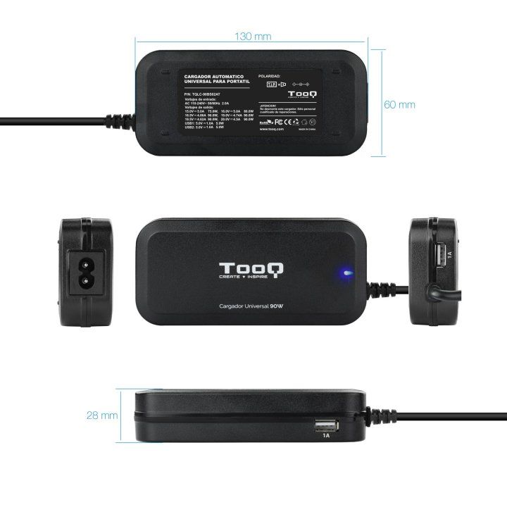 Cargador Universal De Portatil Tooq Tqlc-90bs02at 90w Automatico 12 Conectores 2 Puertos Usb