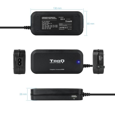 Cargador Universal De Portatil Tooq Tqlc-90bs02at 90w Automatico 12 Conectores 2 Puertos Usb