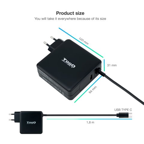 Cargador De Pared Tooq Tqlc-usbc90pd Usb-c Pd3.0 90w Color Negro