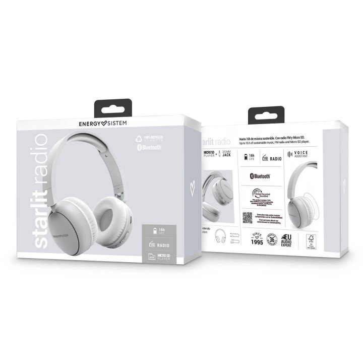 Headset Bluetooth Energy System Starlit Bt 5.3 Y Jack 3.5 Bateria 16h Microfono Radio Fm Microsd Color Blanco