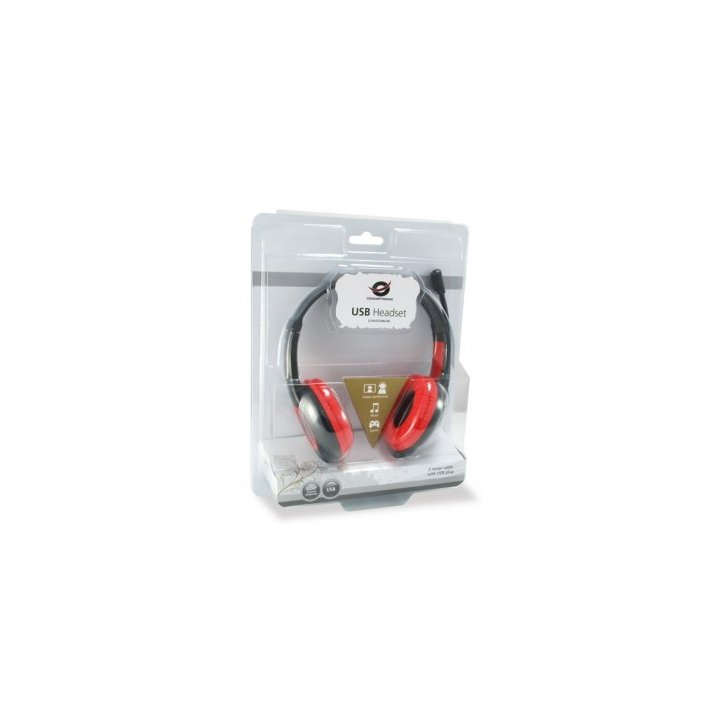 Headset Conceptronic Chatstar2u2r Usb Microfono Flexible Control De Volumen Color Negro   Rojo Cchatstaru2r