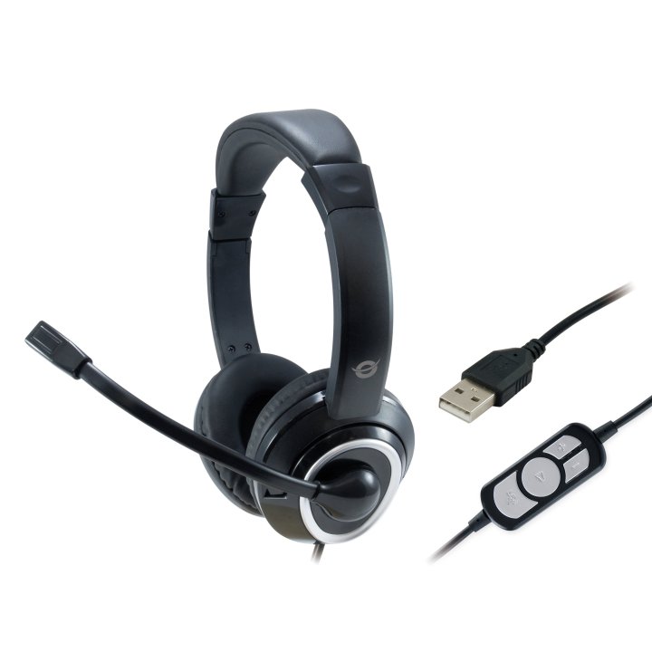 Headset Conceptronic Polona Usb Microfono Flexible Control De Volumen Color Negro   Blanco