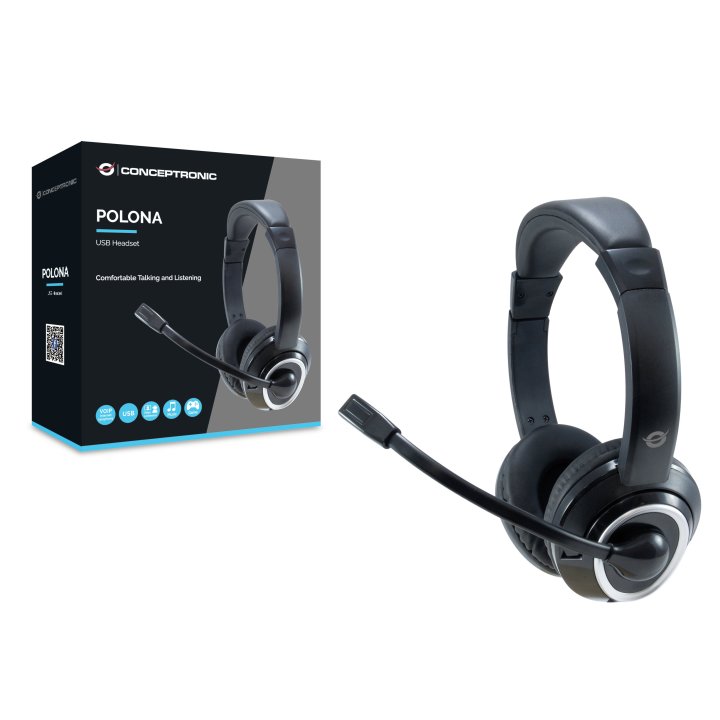 Headset Conceptronic Polona Usb Microfono Flexible Control De Volumen Color Negro   Blanco