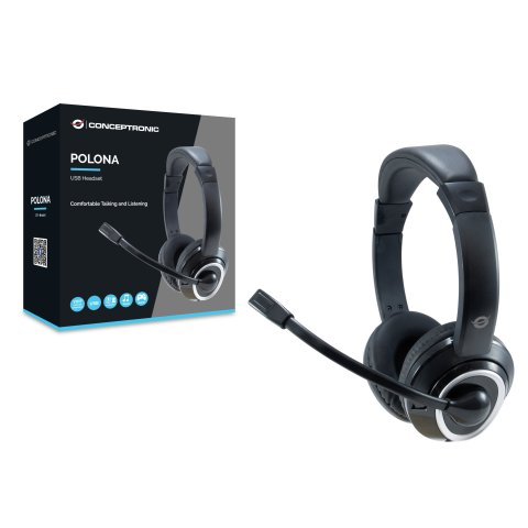 Headset Conceptronic Polona Usb Microfono Flexible Control De Volumen Color Negro   Blanco