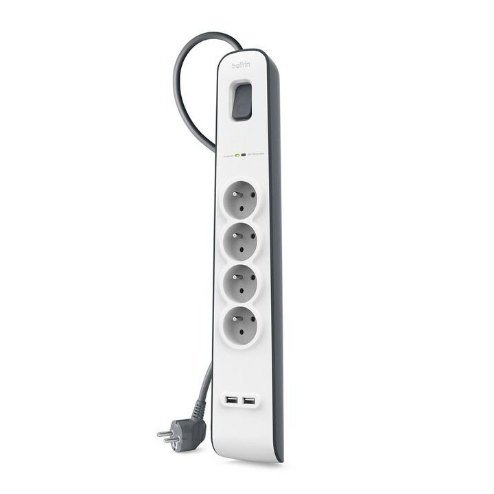 Regleta Alimentacion Belkin Bsv401vf2m De Protección Contra Sobretensiones 4 Tomas + 2 Puertos Usb (2,4 A) Boton De Apagado Y