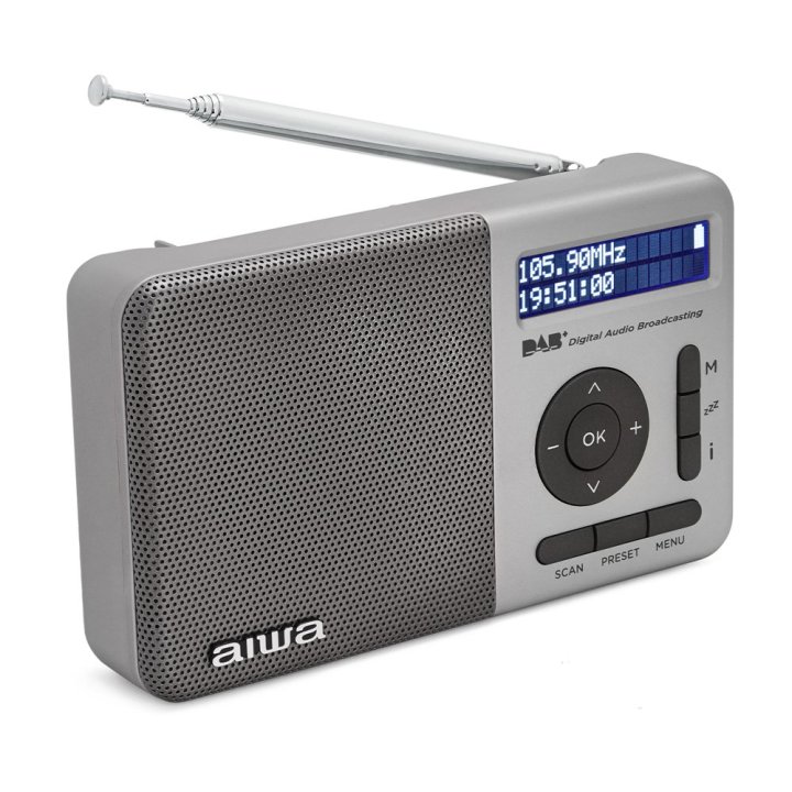 Radio Digital Con Altavoz Aiwa Rd-40dab sl 50 Memorias Reloj Digital Altavoz 2" Bateria 3.7v 2000mah Color Plata