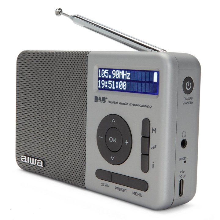 Radio Digital Con Altavoz Aiwa Rd-40dab sl 50 Memorias Reloj Digital Altavoz 2" Bateria 3.7v 2000mah Color Plata