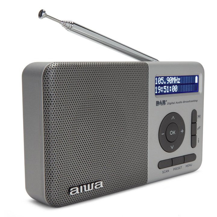 Radio Digital Con Altavoz Aiwa Rd-40dab sl 50 Memorias Reloj Digital Altavoz 2" Bateria 3.7v 2000mah Color Plata