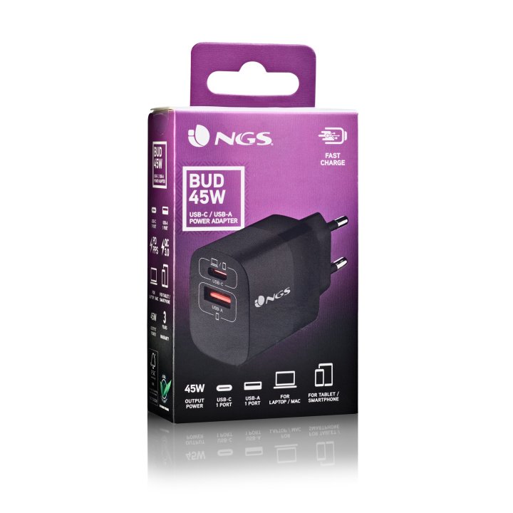 Cargador De Pared Ultrarápido De 45w Ngs Bud45w Con Dos Puertos Usb-a+usb-c