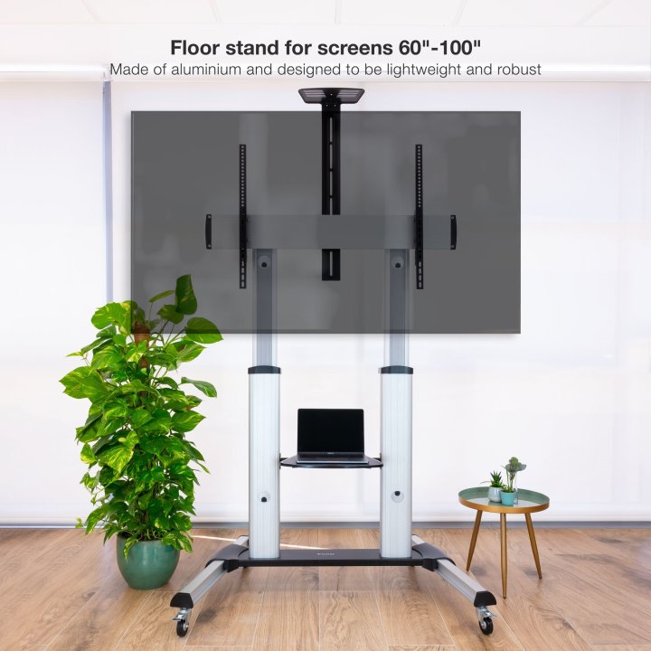 Soporte De Suelo Con Ruedas Tooq Fs20300m-b  Pantallas 60"-100" Max. 100kg Vesa Max. Con2 Bandejas Regulable Plata