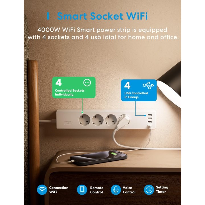 Regleta Smart Wifi Cuatro Shuko, Cuatro Usb...