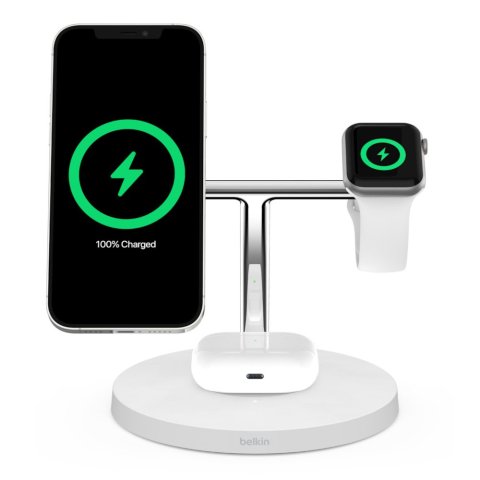Base De Carga Powerhouse Belkin Wiz009vfwh-v2 Qi2 Apple Watch, Iphone & Airpods Color Blanco  