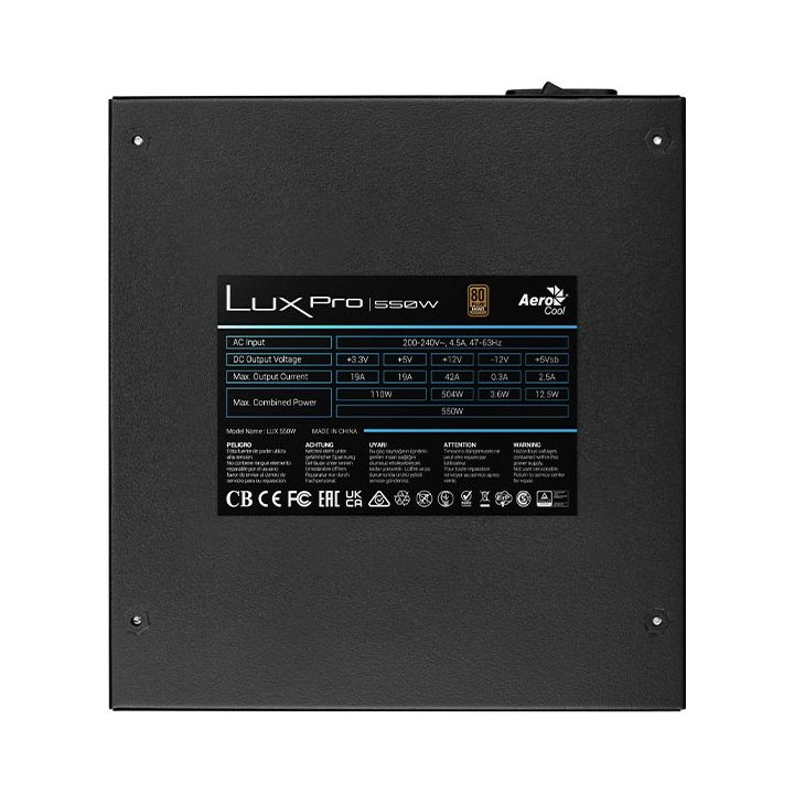 Fuente De Alimentacion Aerocool Lux Pro 550w Certificado 80 Plus Bronze Pfc Activo Vent. 14x14mm