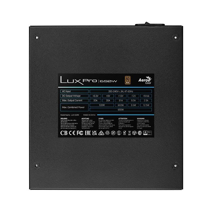 Fuente De Alimentacion Aerocool Lux Pro 650w Certificado 80 Plus Bronze Pfc Activo Vent. 14x14mm