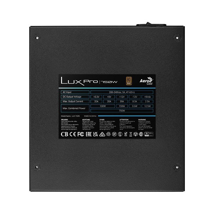 Fuente De Alimentacion Aerocool Lux Pro 750w Certificado 80 Plus Bronze Pfc Activo Vent. 14x14mm