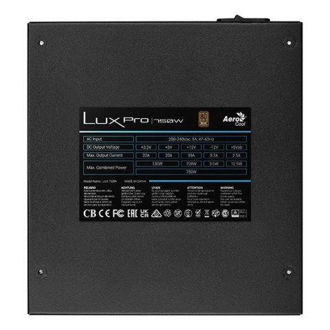 Fuente De Alimentacion Aerocool Lux Pro 750w Certificado 80 Plus Bronze Pfc Activo Vent. 14x14mm