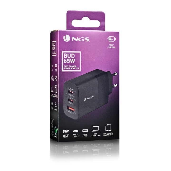 Cargador De Pared Ngs Ultrarrapido De 65w Gan Con 2xusb-c Pd 1x Usb-a