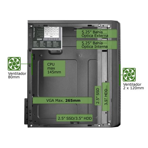 (km0) Caja Microatx Tacens Anima Acm500 Frontal Negro Diseño Alumini Pulido Usb 3.0 Y 2.0 F.a 500w Cash30