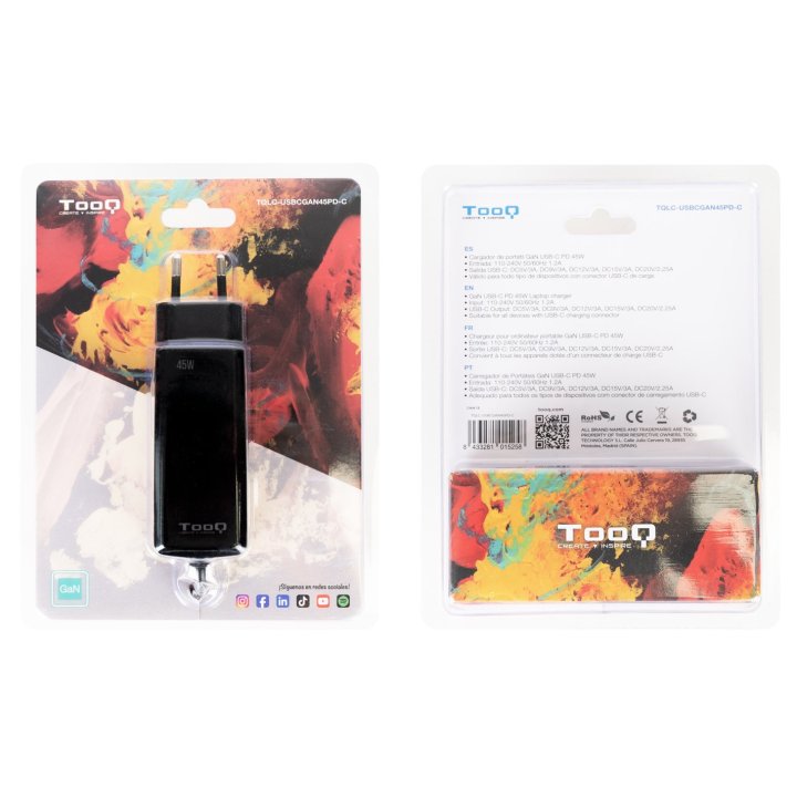 Cargador De Pared Tooq Tqlc-usbcgan45pd-c Usb-c Pd 45w Con Sistema Gan Color Negro Cubico