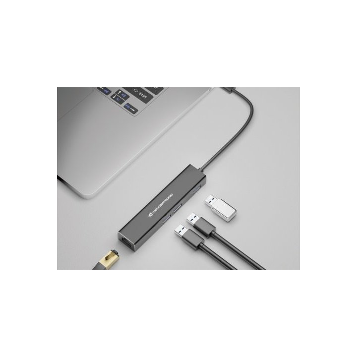 Adaptador Usb-c A Gigabit Ethernet Rj45 Conceptronic Con Hub Usb 3.0 3 Puertos
