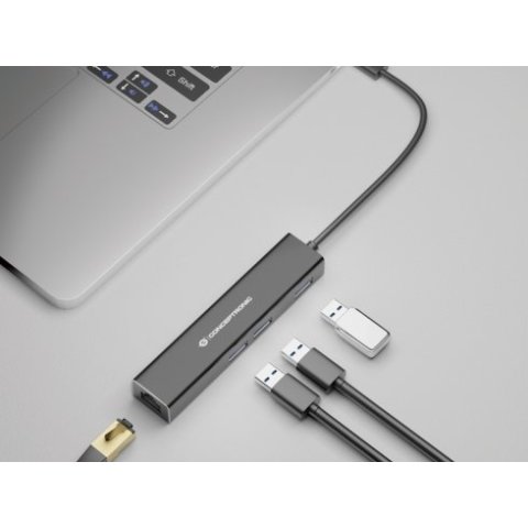 Adaptador Usb-c A Gigabit Ethernet Rj45 Conceptronic Con Hub Usb 3.0 3 Puertos