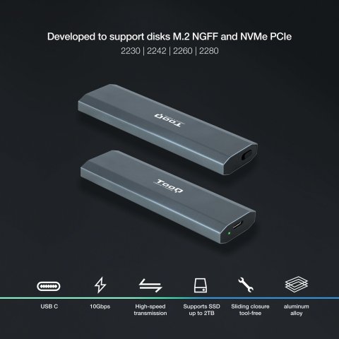 Caja Externa M.2 Usb-c Tooq Tqe-2223g Para M.2 Ngff nvme Usb 3.1 Gen2 Gris