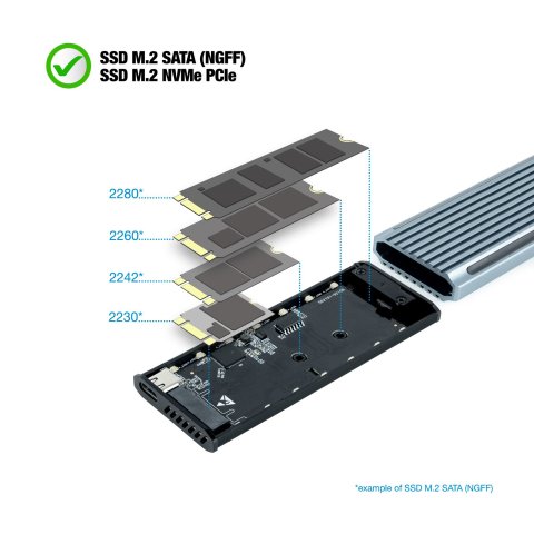 Caja Externa M.2 Usb-c Tooq Tqe-2221g Para M.2 Ngff nvme Usb 3.1 Gen2 Usb-a Gris
