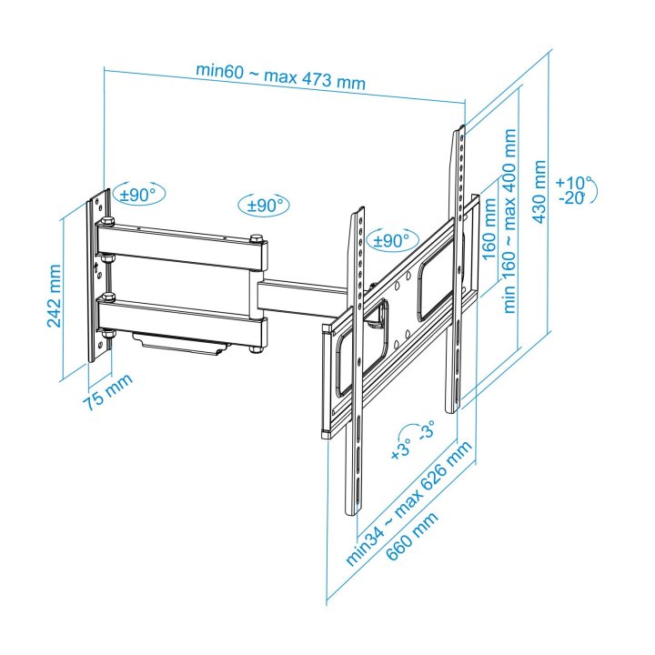 Soporte De Pared Tooq Lp6070tn-b Para 1 Pantalla 37-70" Max. 50kg Vesa Max. 600x400 Doble Brazo Negro