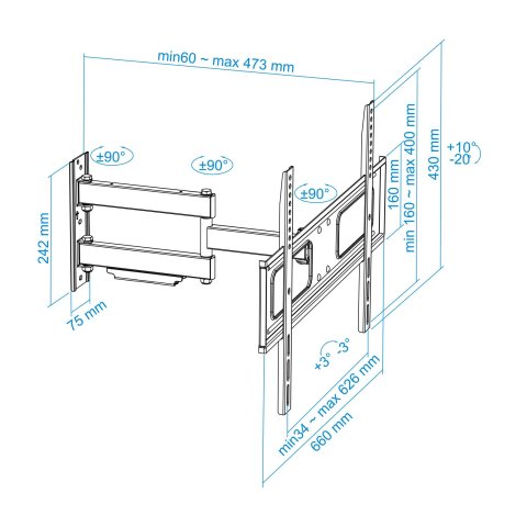 Soporte De Pared Tooq Lp6070tn-b Para 1 Pantalla 37-70" Max. 50kg Vesa Max. 600x400 Doble Brazo Negro