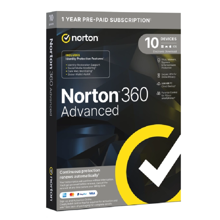 Norton 360 Advance 200gb 1 User 10 Devices 1 Año  Box