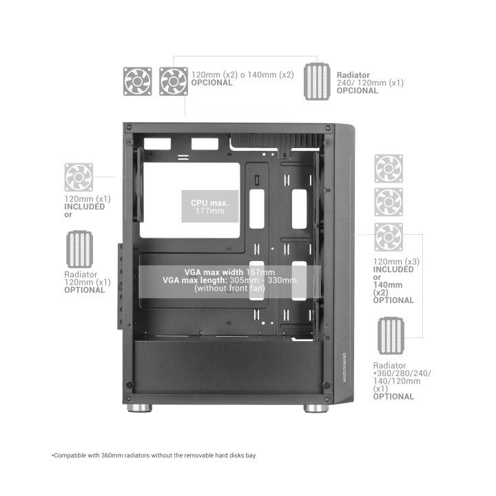 Caja Atx Semitorre Gaming Mars Gaming Mc-3000 Black Frontal Metal Mesh Lateral De Cristal Templado Sin Fuente De Alimentacion