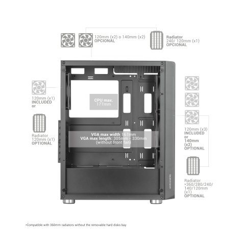 Caja Atx Semitorre Gaming Mars Gaming Mc-3000 Black Frontal Metal Mesh Lateral De Cristal Templado Sin Fuente De Alimentacion