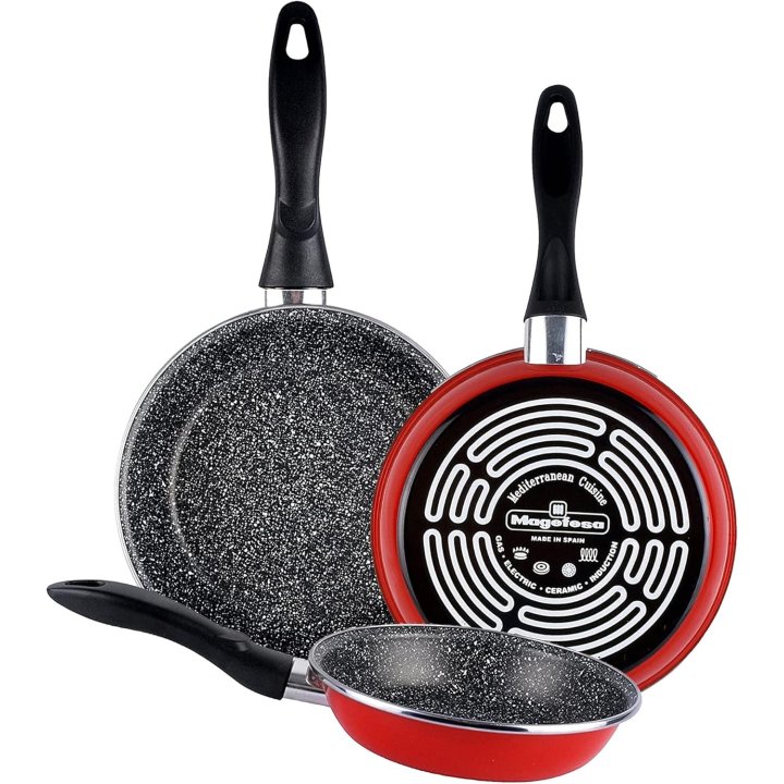 Sarten Magefesa K2 Rojo 20-24-28 Lote Acero Antiadherente Efecto Piedra Todo Tipo Cocinas Lavavajillas