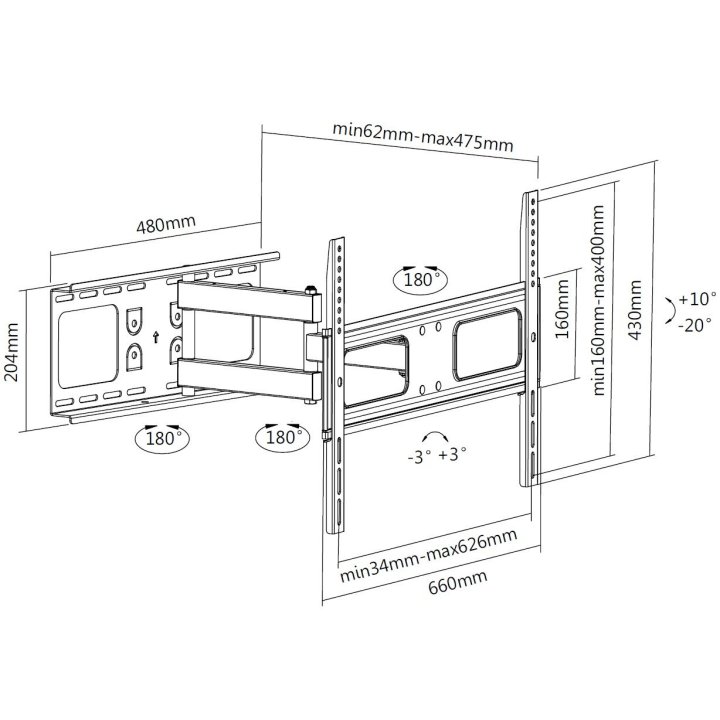 (km0) Soporte De Pared Orientable Equip Para Pantalla De 37"- 70" Doble Brazo Inclinable -20 +10 Giratorio 180âº Max 50 Kgs V