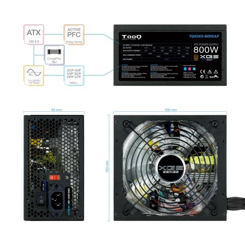 Fuente De Alimentacion Gaming Tooq 800w 80+ Bronze Atx12v V2.31 Apfc 82+ Led On off