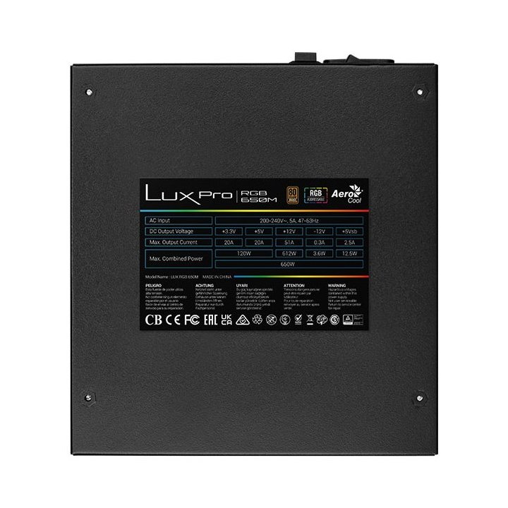 Fuente De Alimentacion Modular Aerocool 650w Lux Pro Certificado 80+ Bronze Apfc Vent. 14cm Rgb