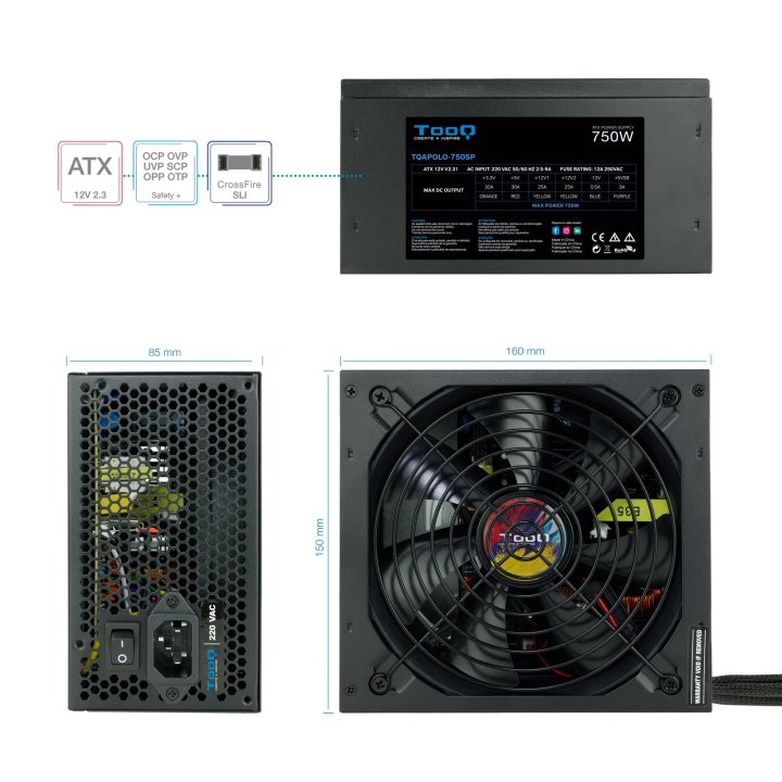 Fuente De Alimentacion Tooq 750w Tqapolo-750sp Fan 12cm 5 Sata Molex Pcie (6+2 Y 6) Interruptor Negra Destinada A Reparacione
