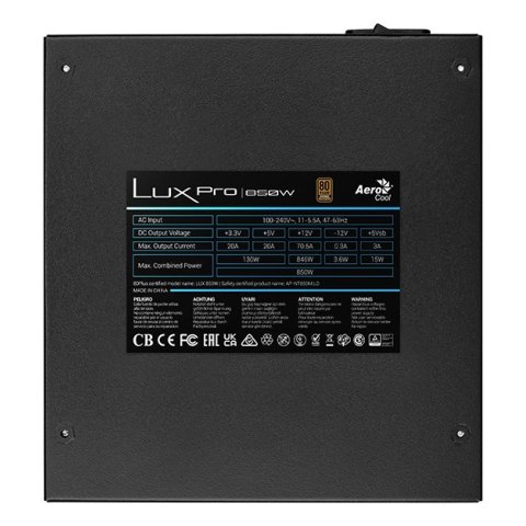 Fuente De Alimentacion Aerocool 850w Lux Pro Atx 3,0 Certificado 80 Plus Bronze Pfc Activo Vent.14cm